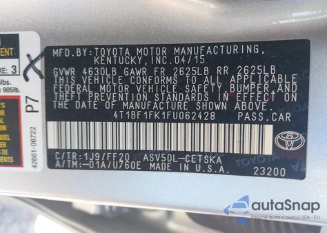 2015 Toyota Camry Le/Xle/Se/Xse из США, поврежденный, VIN 4T1BF1FK1FU062428